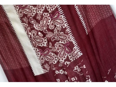 Wollen sjaal of stola, patchwork fantasie, bordeaux en offwhite