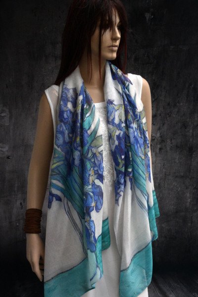 Dunne sjaal, inspiratie van Gogh, blauw, turquoise, groen, geel, wit
