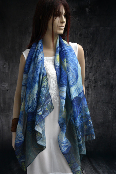 Dunne sjaal, inspiratie van Gogh, blauw, offwhite, geel, groen
