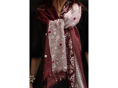 Wollen sjaal of stola, patchwork fantasie, bordeaux en offwhite