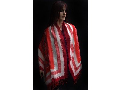 Wollen sjaal of stola, bohemian, rood en wit 