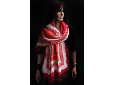 Wollen sjaal of stola, bohemian, rood en wit 