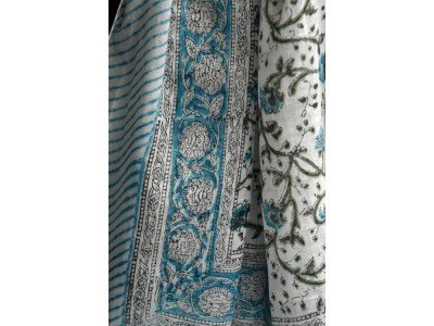 Katoenen sjaaltje met originele blockprint, turquoise, wit, zwart, groen