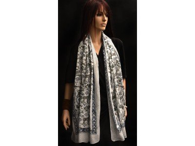 Katoenen sjaaltje met originele blockprint, blauw, groen, zwart, wit