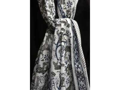 Katoenen sjaaltje met originele blockprint, blauw, groen, zwart, wit