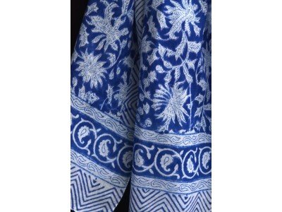 Katoenen origineel blockdrukprint sjaaltje, blauw en wit