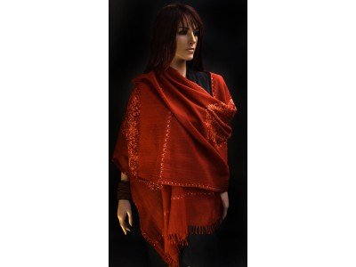 Wollen sjaal of stola, roestbruin, pailletjes, paisley motief