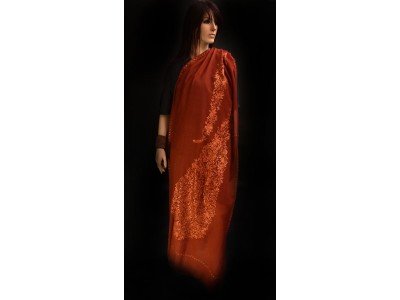 Wollen sjaal of stola, roestbruin, pailletjes, paisley motief