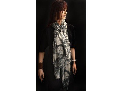 Wollen sjaal of stola, maritieme print, donker en licht grijs en offwhite