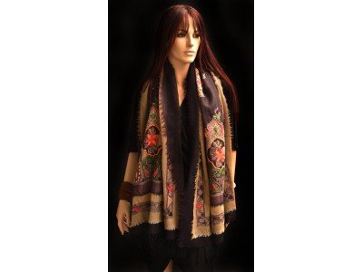 Wollen sjaal of stola, bohemian, camel en aubergine, borduursel oranje, roze en groen