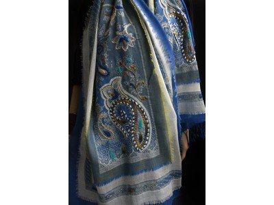 Wollen sjaal of stola, bohemian, blauw en offwhite