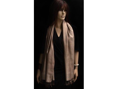 Taupe zijden sjaal of stola met franjes, jacquard motief, uniseks