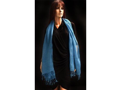 Effen linnen sjaal met franjes, blauw