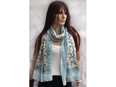 Katoenen sjaaltje met originele blockprint, turquoise, wit, zwart, groen