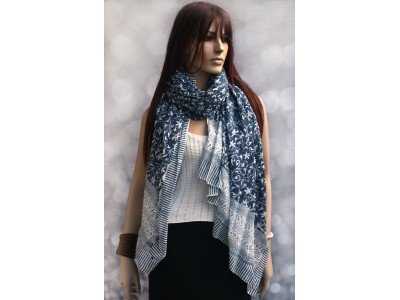 Katoenen sjaal of pareo, blauw wit, originele blockprint