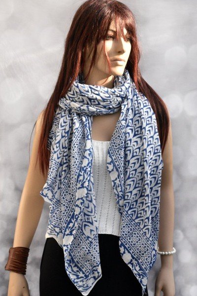 Katoenen sjaal of pareo, blauw en wit, originele blockprint
