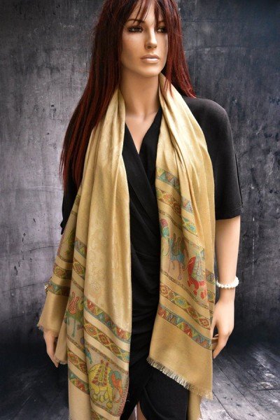 Pashmina sjaal met figuurtjes olifanten en paarden, gedempt goudkleurig