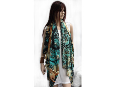 Sjaal van wol met zijde, turquoise, amandelbloesem