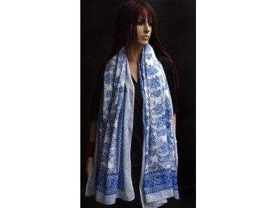 Katoenen sjaal of pareo met originele blockprint, blauw en wit