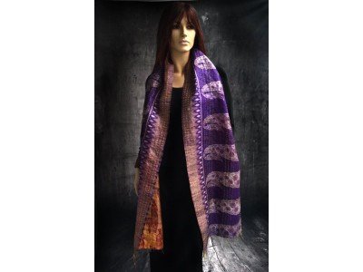 Zijden vintage kantha sjaal, paars bordeaux en mosterdgeel